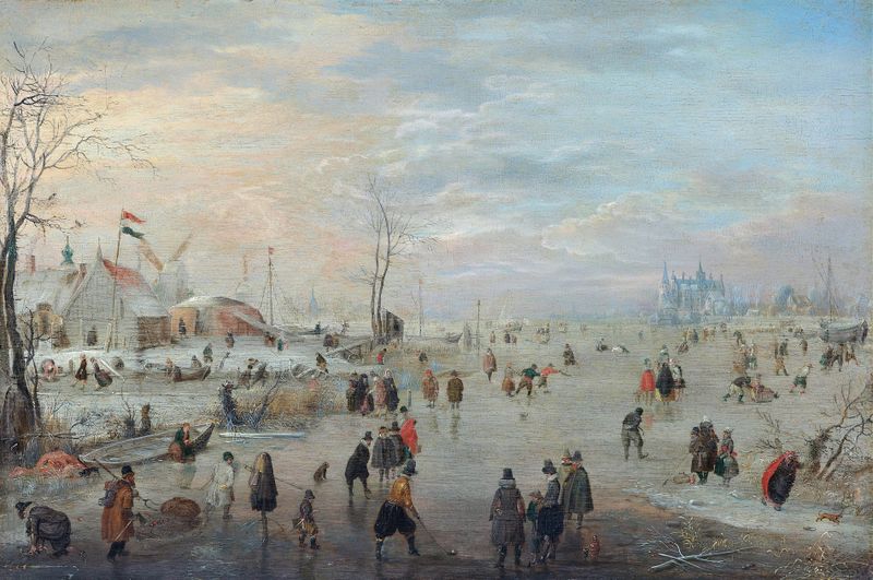 Winter scene with figures ice skating, oil on wood by Hendrick Avercamp