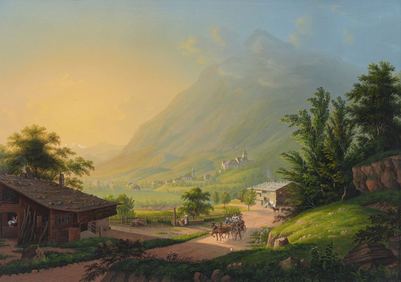 Paisagem de Wimmis an der Kander por Johann Ludwig Bleuler, retratando um rio e montanhas, pintura a óleo.