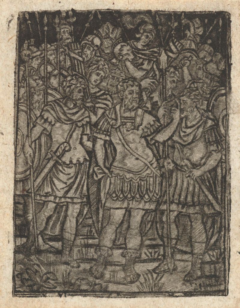 Obra renascentista que retrata um general romano instruindo soldados, artista desconhecido