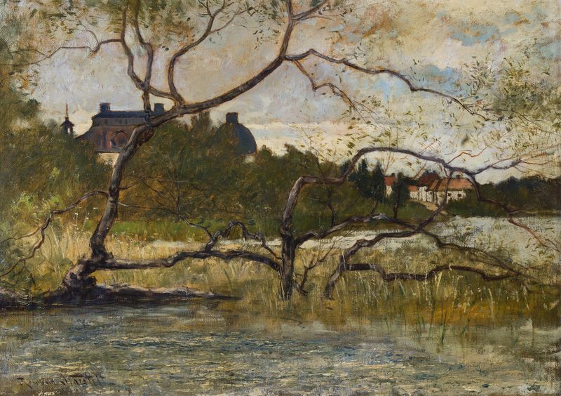 Acuarela de Reinhold Norstedt que representa un paisaje tranquilo con suaves pasteles.