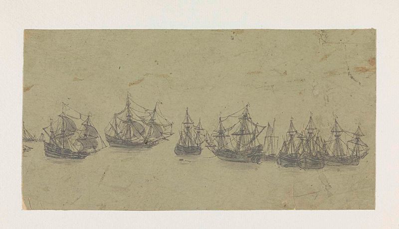 Frieze with Ships in a Roadstead, grabado de Hercules Segers que muestra barcos en aguas tranquilas