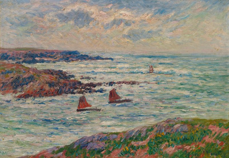 Marine scene depicting the coastline and sea by Henry Moret, oil painting