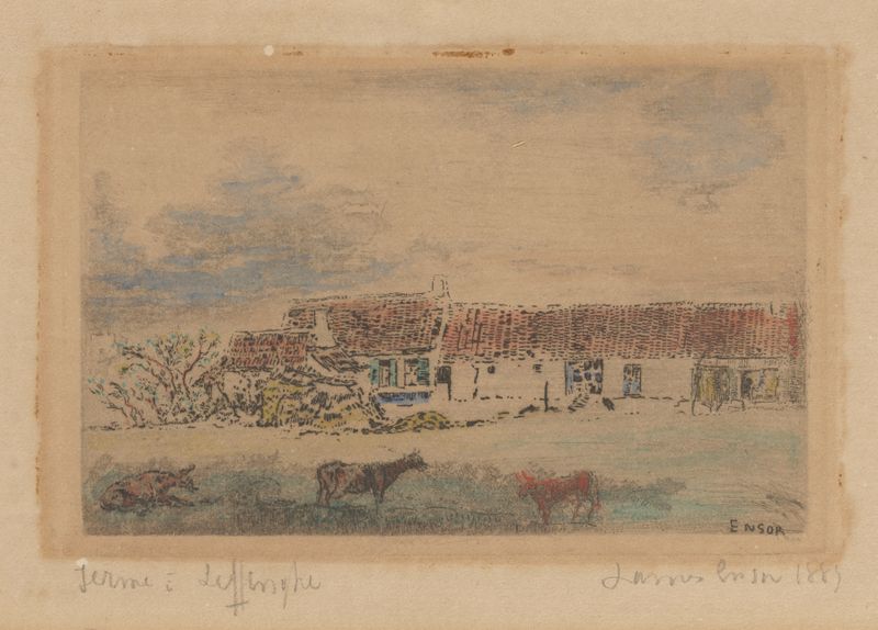 Hoeve te Leffinge de James Ensor, óleo sobre lienzo que representa una granja en un paisaje tranquilo