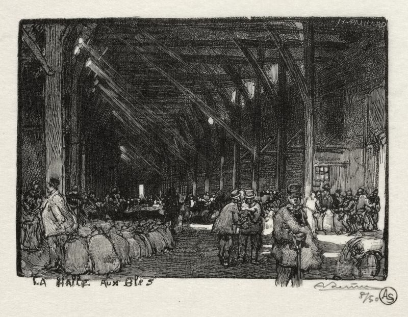 Gravura de La Halle aux Blès de Auguste Louis Lepère representando um mercado rural de grãos com luz e sombras.