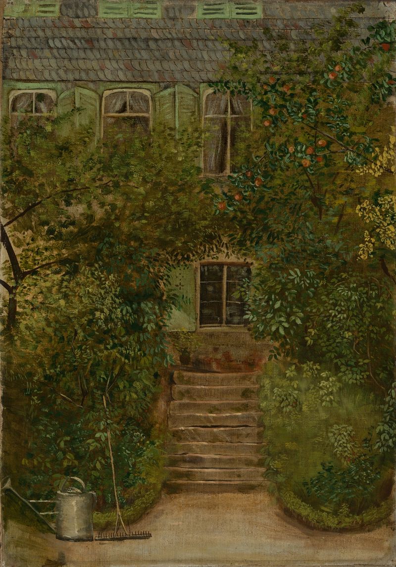 Garten eines Landhauses mit Giesskanne und Rechen de Hans Thoma, realismo, paisagem com regador e rastelo