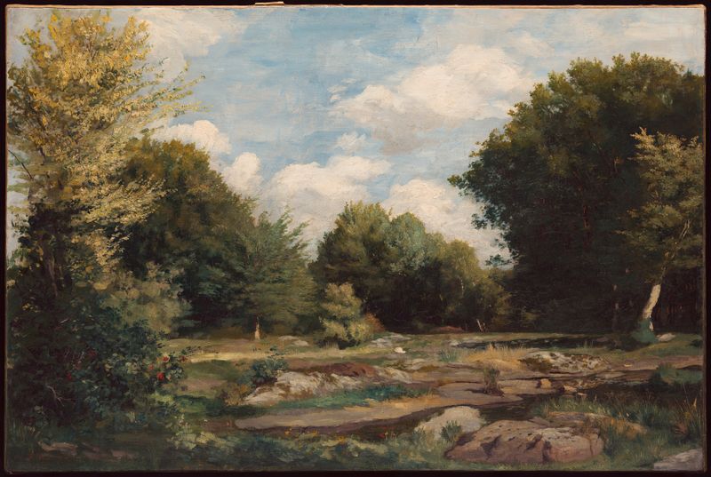 Clearing in the Woods, óleo sobre lienzo de Pierre-Auguste Renoir, representando una escena serena del bosque.