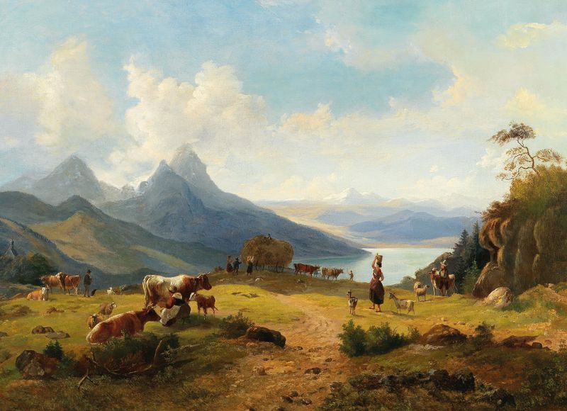 An idyllic mountain landscape with a herd of animals and shepherds, oil on canvas by Max Joseph Wagenbauer.