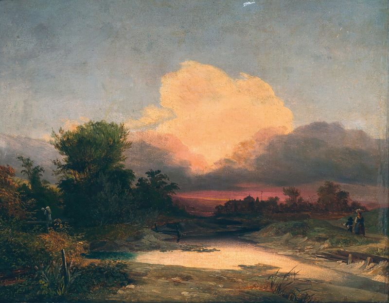 A Landscape at Sunset, óleo sobre tela de Ignaz Raffalt, apresentando luz dourada quente e crepúsculo azul profundo.