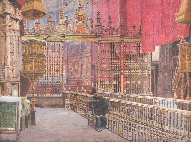 Interior of the Cathedral of Ávila by Heinrich Hermanns, Gothic style, featuring stained glass and intricate arches.