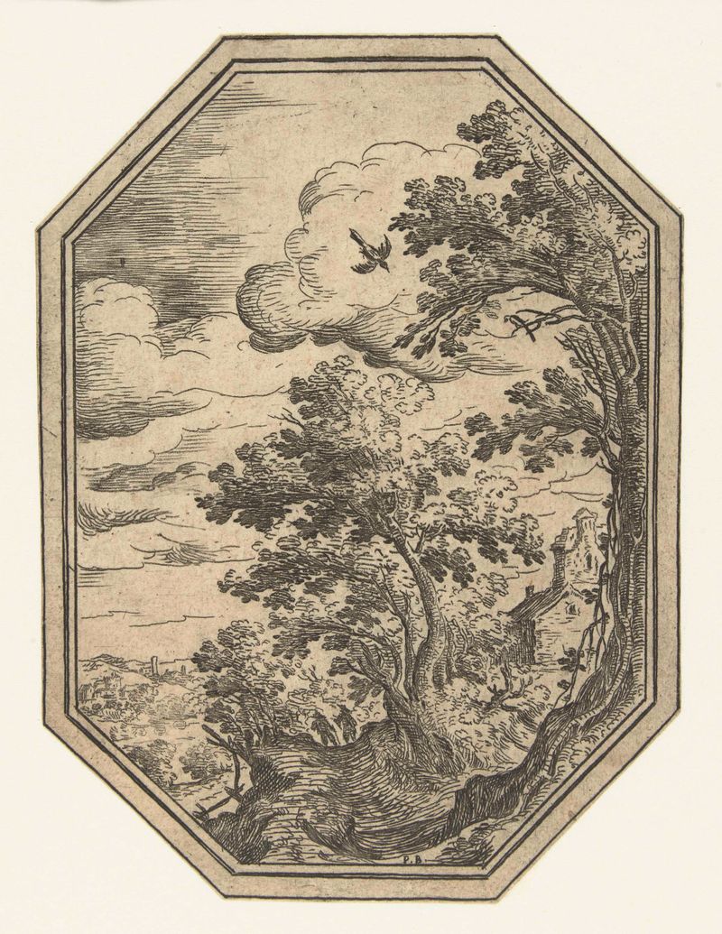 Paisaje con un camino entre árboles en un marco octagonal, grabado de Paul Bril
