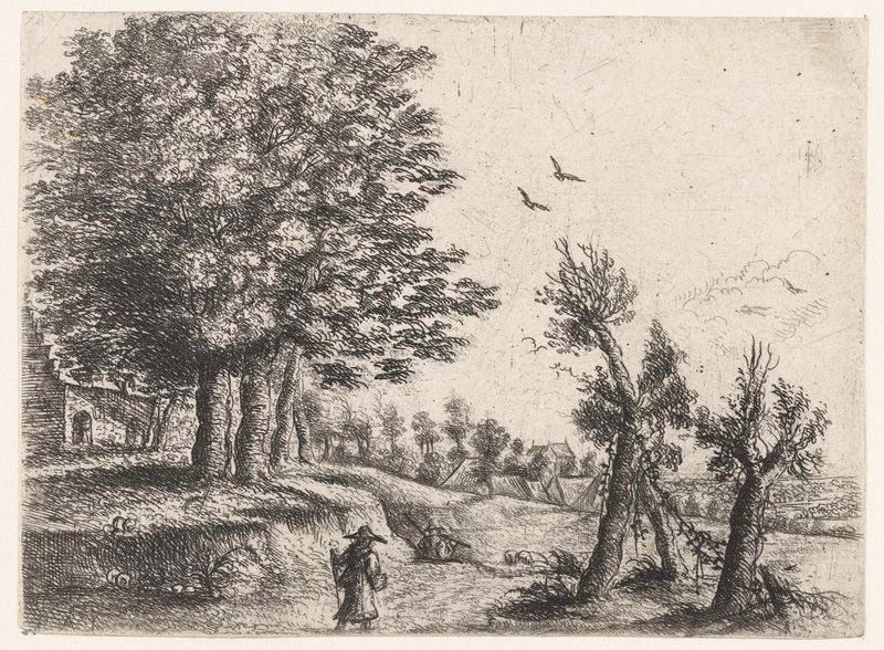 Landschap met een vrouw en een fluitspelende herder, etching by Philips Augustijn Immenraet