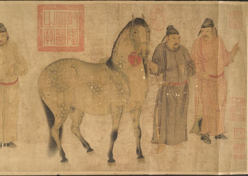 Obra em seda de Ren Renfa representando cavalos em Os Cavalos Imperiais