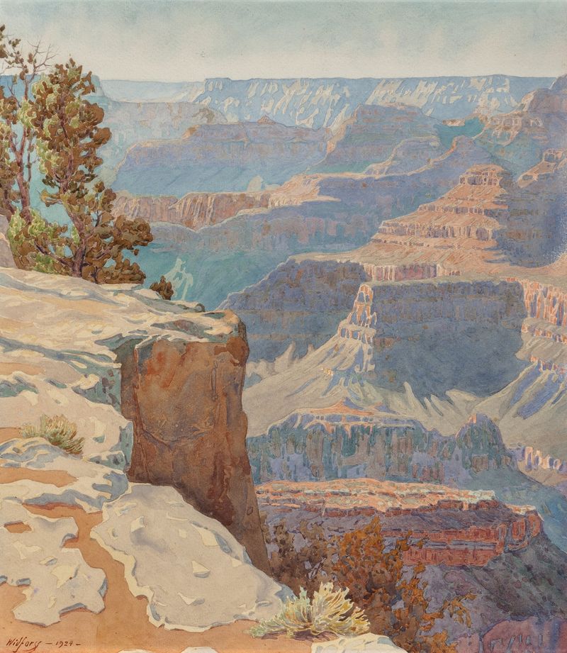Paisaje del Gran Cañón de Gunnar Mauritz Widforss, pintura al óleo que representa formaciones rocosas y cielo.