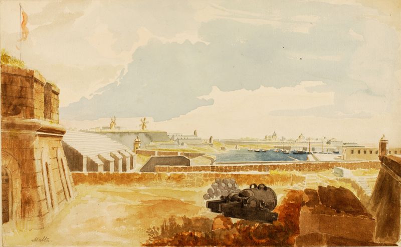 Fortifications At Malta de Miner Kilbourne Kellogg, pintura a óleo que retrata ruínas iluminadas pela luz do sol através d...