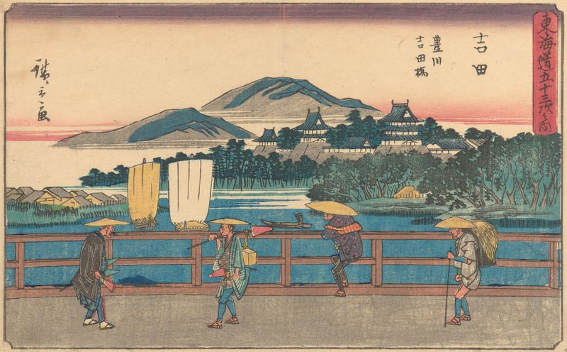 Paisagem Ukiyo-e de Utagawa Hiroshige com um rio, 1841–1842