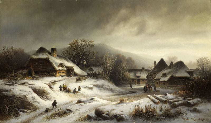 Verschneite Dorflandschaft by Anton Doll, oil painting depicting a serene snowy village landscape.