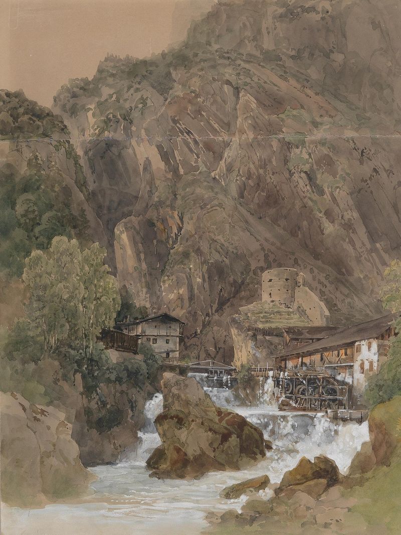 Paisaje con ruedas de agua y torre, óleo sobre lienzo de Thomas Ender