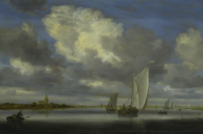 Fishing and Sailing Boats under a Broad Sky, pintura al óleo de Jacob Salomonsz. van Ruysdael