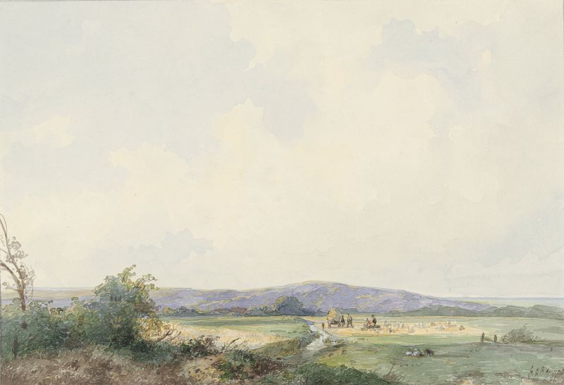 Landschap met weiden, bij de duinen by Frans Arnold Breuhaus de Groot, oil on canvas depicting a serene landscape.