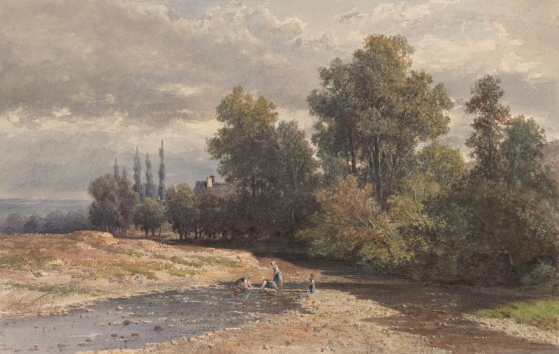 Paisagem de Charles Ligny, 1870, retratando colinas e névoa em um estilo romântico.