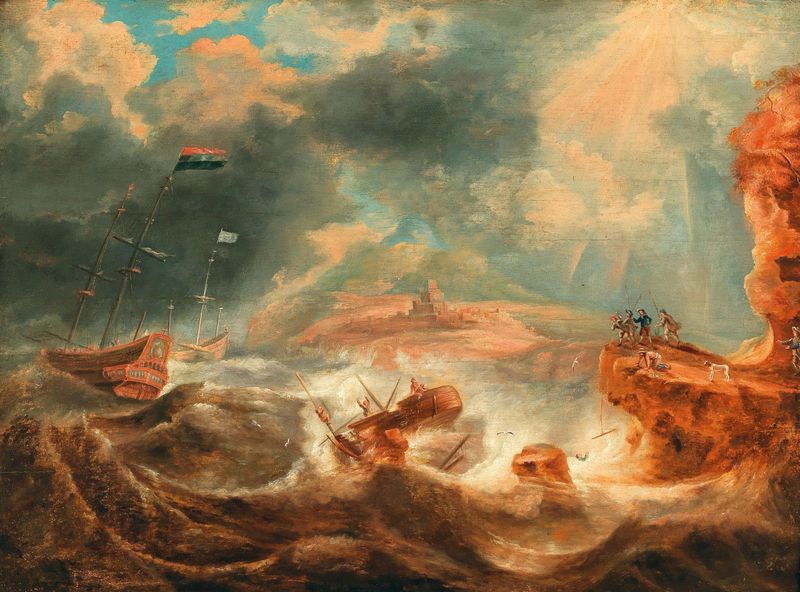 Un naufragio en una costa rocosa, óleo sobre lienzo de Jan Peeters el anciano
