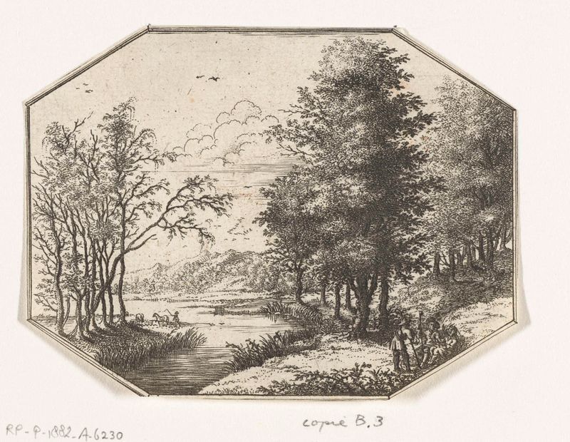 Paisagem com três figuras perto de um lago, gravura de Unknown Artist