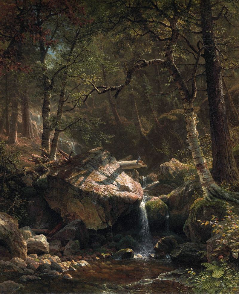 Mountain Brook de Albert Bierstadt, óleo sobre lienzo, que muestra un arroyo y montañas bajo un cielo luminoso.