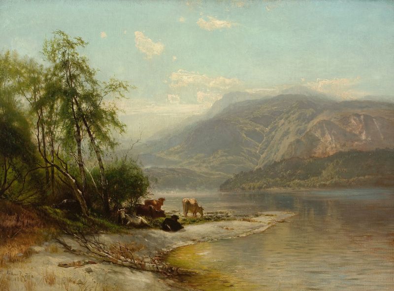 Cows watering at river's edge, oil on canvas by Arthur Parton