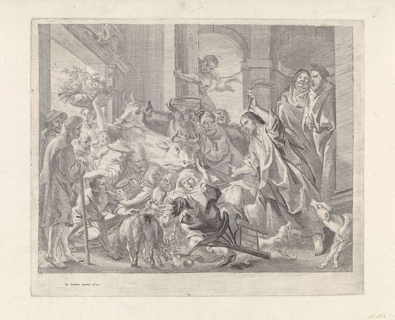 Christus verdrijft de kooplui uit de tempel, gravura de Unknown Artist mostrando Cristo expulsando os mercadores