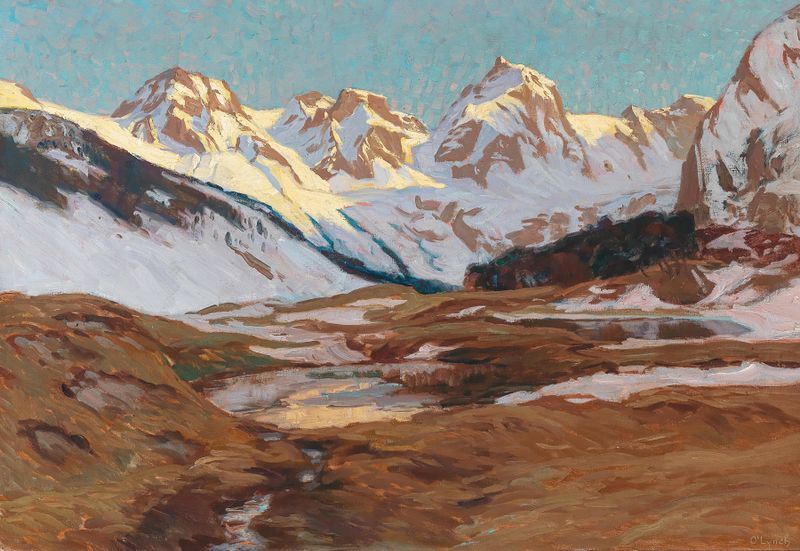 Landscape depicting early spring with soft greens and blues by Carl O'Lynch of Town, oil painting.