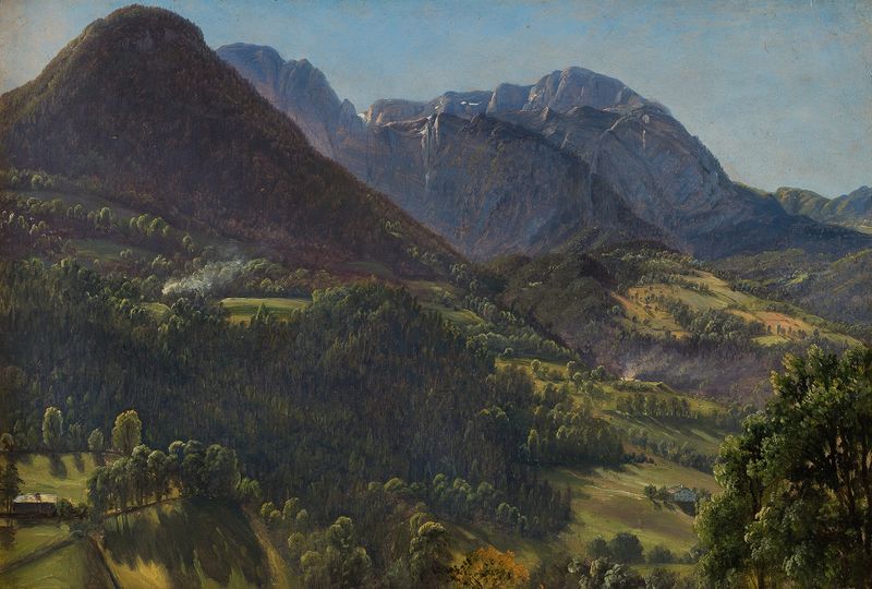 Landscape, Tyrol by Thomas Fearnley, oil painting depicting rolling hills and blue sky.