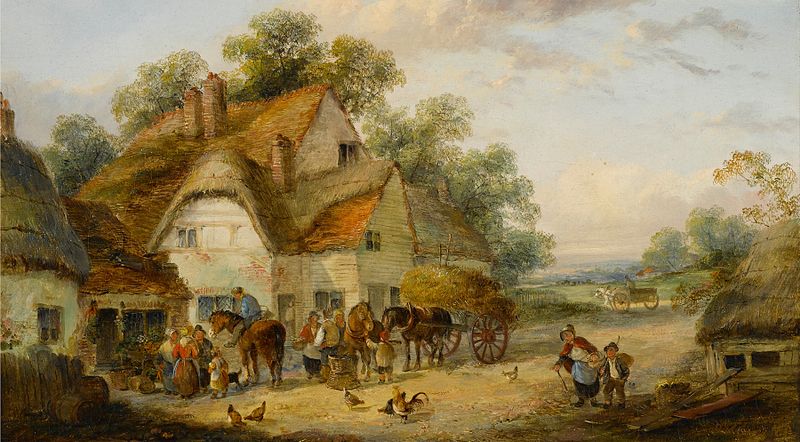 Uma cena de vila de Georgina Lara, retratando cottages e sombras, pintura a óleo.
