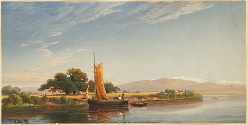 Sacramento Valley de John Ross Key, óleo sobre lienzo que representa un paisaje al atardecer con un río.