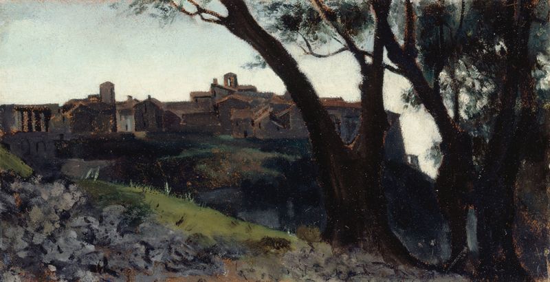 Twilight landscape featuring a village, oil painting by Jean-Jacques Henner