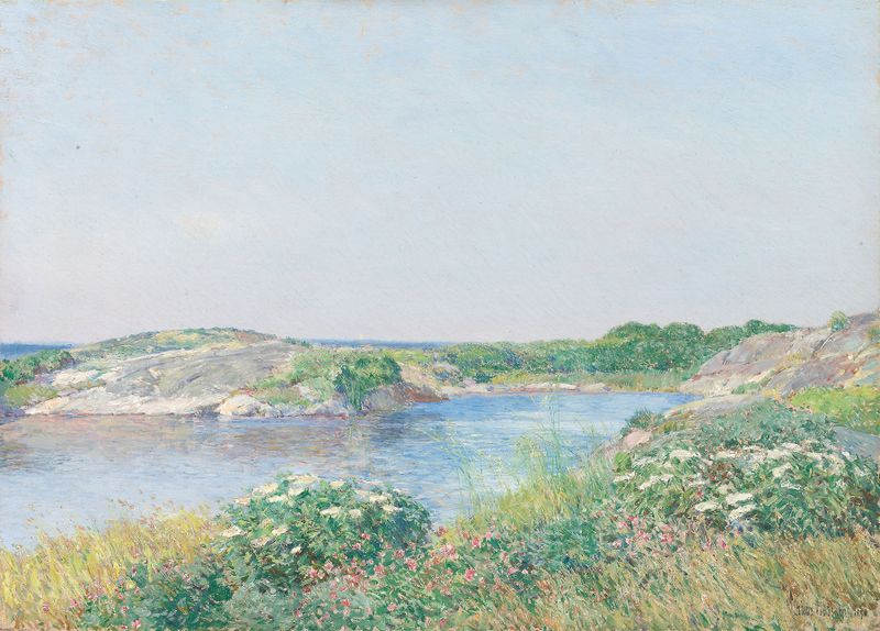 The Little Pond, Appledore de Childe Hassam, óleo sobre tela que retrata reflexos serenos na água