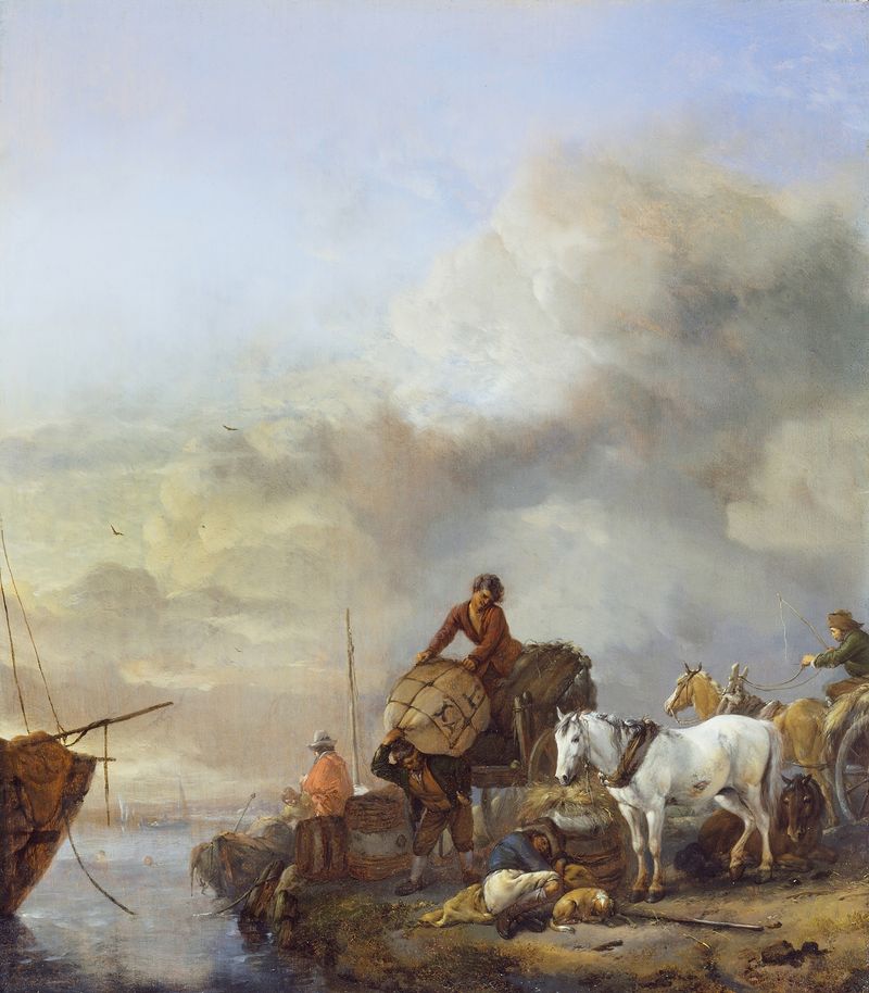 Landing a Boat by Philips Wouwerman, oil painting of a boat approaching the shore.
