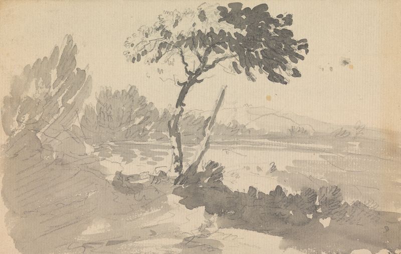 Árvore e Lago de William Gilpin, pintura a óleo que retrata uma paisagem serena com uma árvore e um lago.