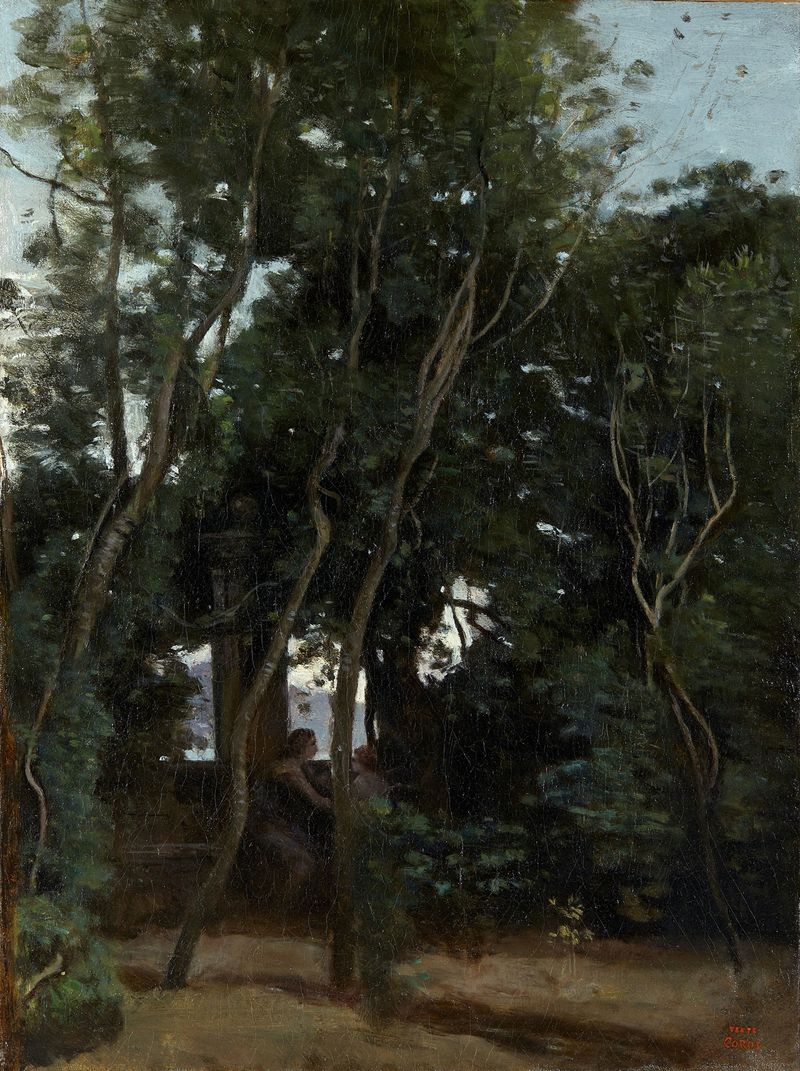Pintura a óleo de Jean-Baptiste-Camille Corot que retrata o amanhecer sob as árvores.