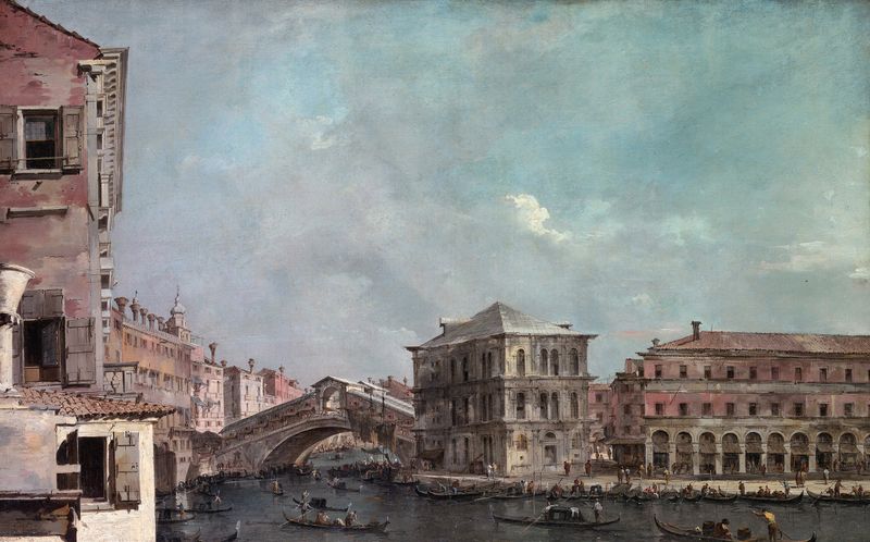 Paisaje rococó del Gran Canal sobre el Rialto de Francesco Guardi, pintura al óleo