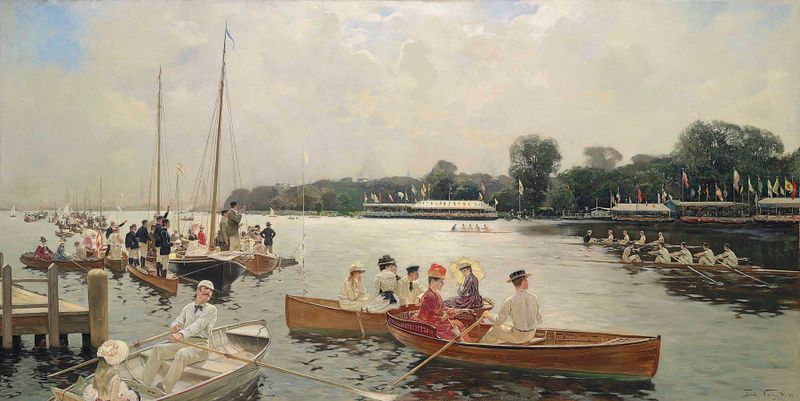 Ruderregatta auf der Außenalster, Hamburg de Frederick Vezin, pintura al óleo que muestra remeros en el agua