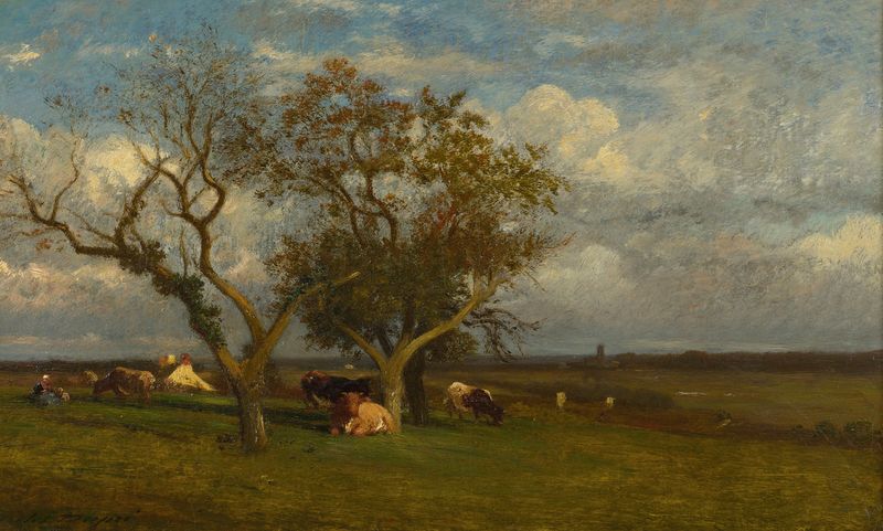 Landscape with Cows de Jules Dupré, pintura a óleo que retrata vacas pastando em uma paisagem tranquila.