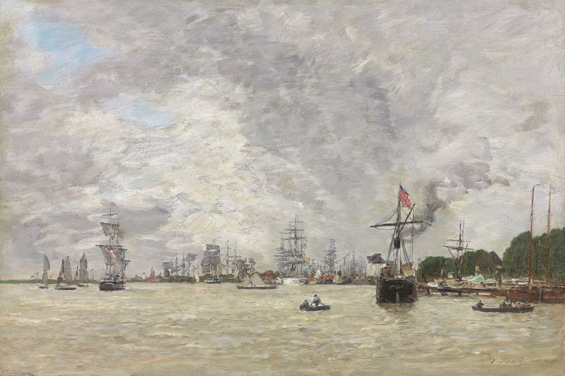 Anvers Bateux sur l’Escaut de Eugène Boudin, pintura a óleo que mostra barcos em um rio.
