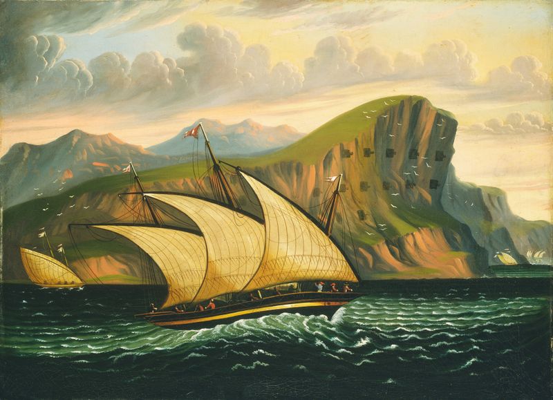 Felucca off Gibraltar de Thomas Chambers, óleo sobre tela, retratando uma felucca navegando no mar.
