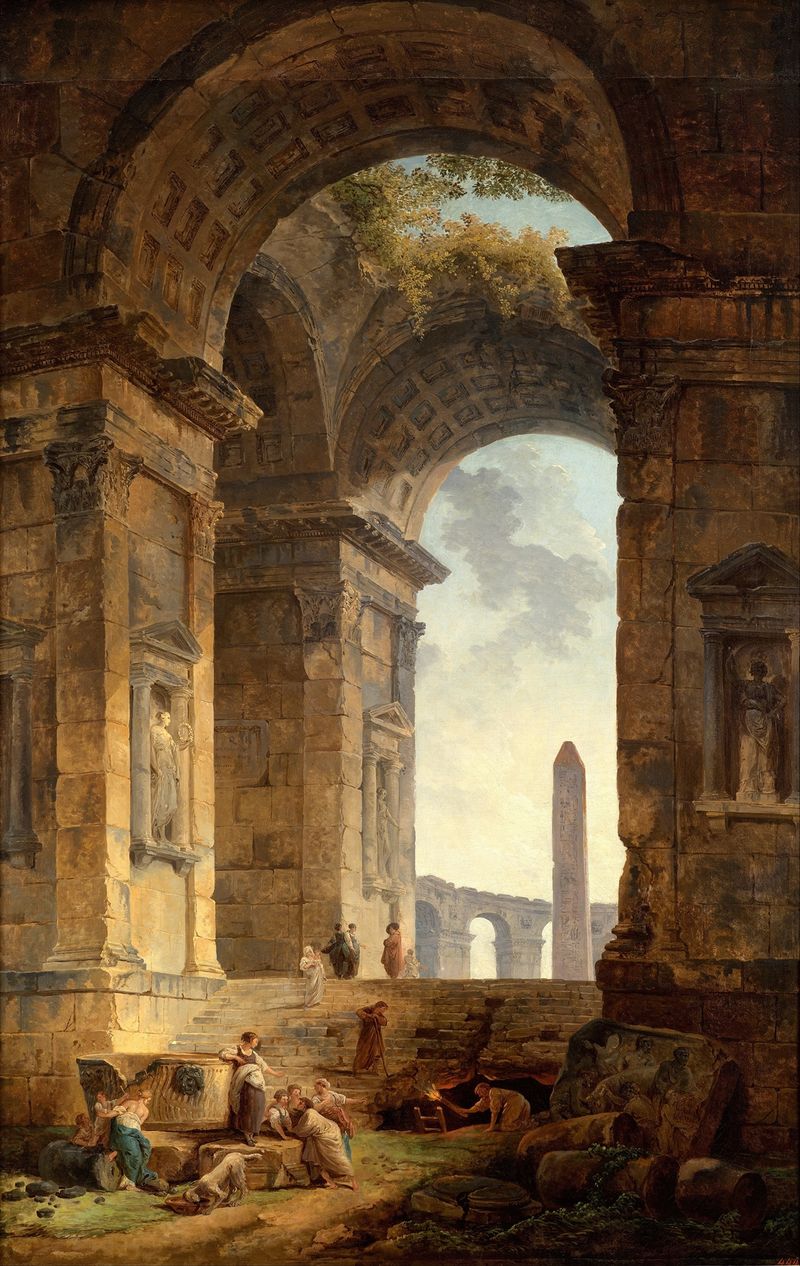 Ruinas con un obelisco a lo lejos, óleo sobre lienzo de Hubert Robert