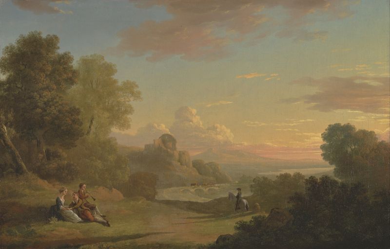 An Imaginary Landscape with a Traveller and Figures Overlooking the Bay of Baiae de Thomas Jones, meio desconhecido
