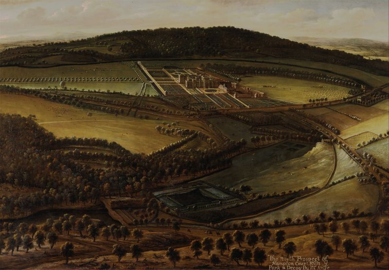 The North Prospect of Hampton Court by Leonard Knyff, oil painting depicting a grand estate.