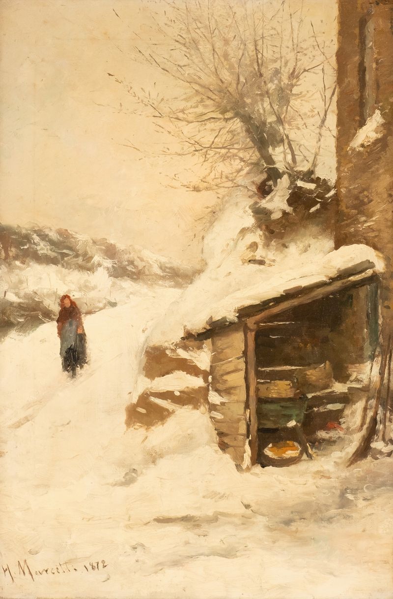 Mulher camponesa em paisagem nevada, pintura a óleo de Henri Joseph Marcette