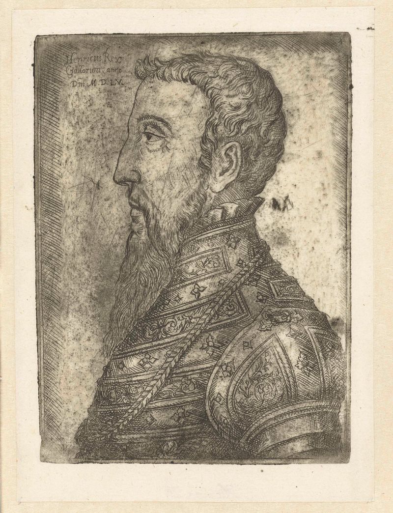 Portret van Hendrik II by Jan Cornelisz Vermeyen, etching, depicting a noble with a lace collar.