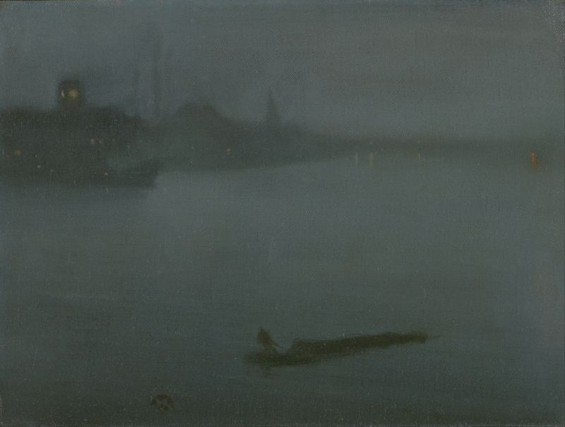 Nocturne in Blue and Silver by James Abbott McNeill Whistler, oil painting depicting twilight over water.