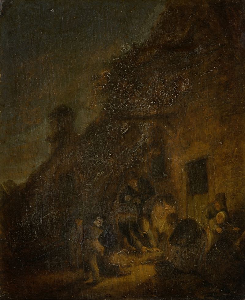 Slaughtering a Pig by Torchlight, óleo sobre tela de Adriaen van Ostade